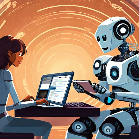 Human and robot engaged in digital collaboration